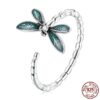 Adjustable Vintage Green Dragonfly Ring with Clear CZ – S925 Sterling Silver
