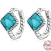 Simple Style Twist Hoop Earrings with Blue Square Turquoise – S925 Sterling Silver