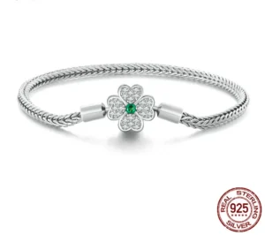 Basic Snake Chain Charm Bracelet with Four-Leaf Clover and Pave Setting CZ 17-19cm (6.7-7.5in) – S925 Sterling Silver