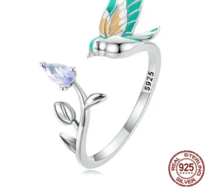Adjustable Kingfisher Open Ring with Stone, Bird Ring – S925 Sterling Silver