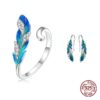 Blue Peacock Feather Open Ring and Earrings with CZ Pave Setting Jewelry Set – S925 Sterling Silver