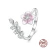 Adjustable Pink Cherry Blossom Open Ring with Enamel Flower – S925 Sterling Silver