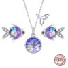 Happy Tropical Little Purple Fish Earrings Necklace Jewelry Set – S925 Sterling Silver