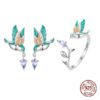 Kingfisher Open Ring and Kingfisher Stud Earrings Colored Enamel Jewelry Set – S925 Sterling Silver