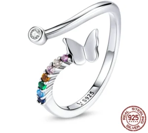 Adjustable Open Ring with Rainbow Butterfly and Colorful Stone – S925 Sterling Silver
