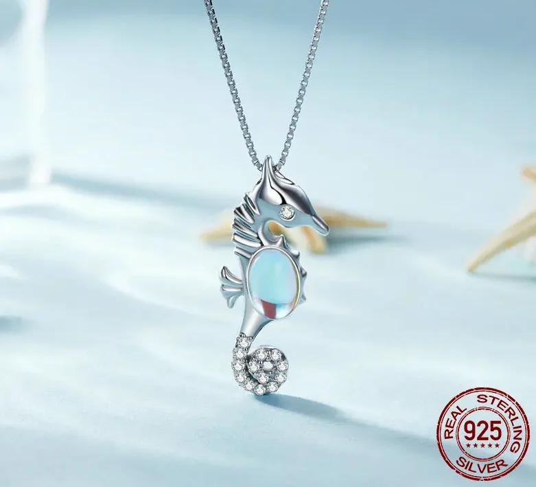Moonstone Seahorse Pendant Necklace with Pave Setting CZ – S925 Sterling Silver - Image 3