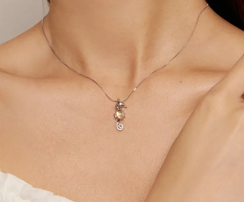 Moonstone Seahorse Pendant Necklace with Pave Setting CZ – S925 Sterling Silver - Image 4