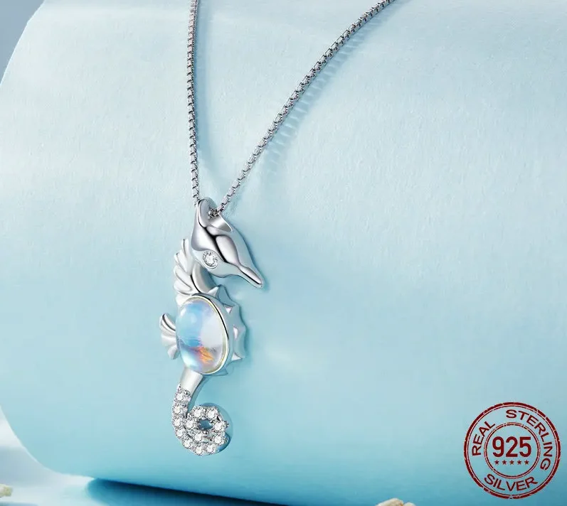 Moonstone Seahorse Pendant Necklace with Pave Setting CZ – S925 Sterling Silver - Image 5