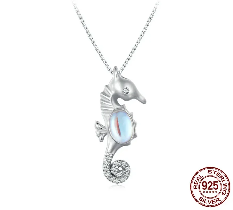 Moonstone Seahorse Pendant Necklace with Pave Setting CZ – S925 Sterling Silver