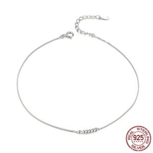 Minimalist Sterling Silver Beaded Anklet – Dainty 925 Silver Adjustable Foot Jewelry