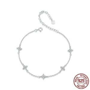 Sterling Silver CZ Clover Anklet – Dainty 925 Silver Adjustable Foot Jewelry