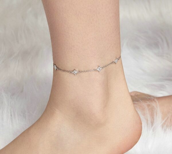 Sterling Silver CZ Clover Anklet – Dainty 925 Silver Adjustable Foot Jewelry