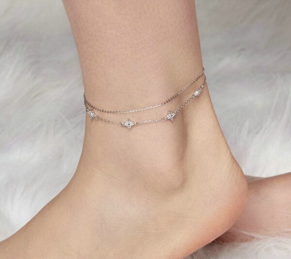 Sterling Silver CZ Clover Anklet – Dainty 925 Silver Adjustable Foot Jewelry